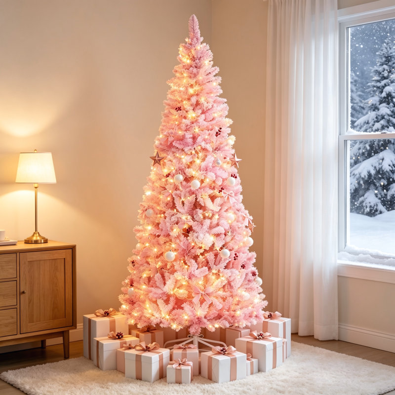 Sapin de Noël artificiel en pin crayon, préilluminé, 2,3 m (7,5 pi), floqué de neige, DEL blanc chaud, ouverture automatique, rose et blanc