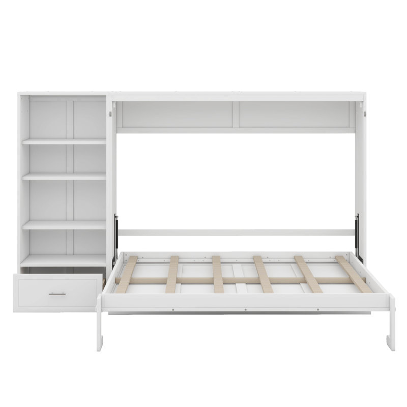 Grand lit escamotable mural avec rangement réglable et tablette, cadre de lit avec 1 tiroir personnalisable, Blanc