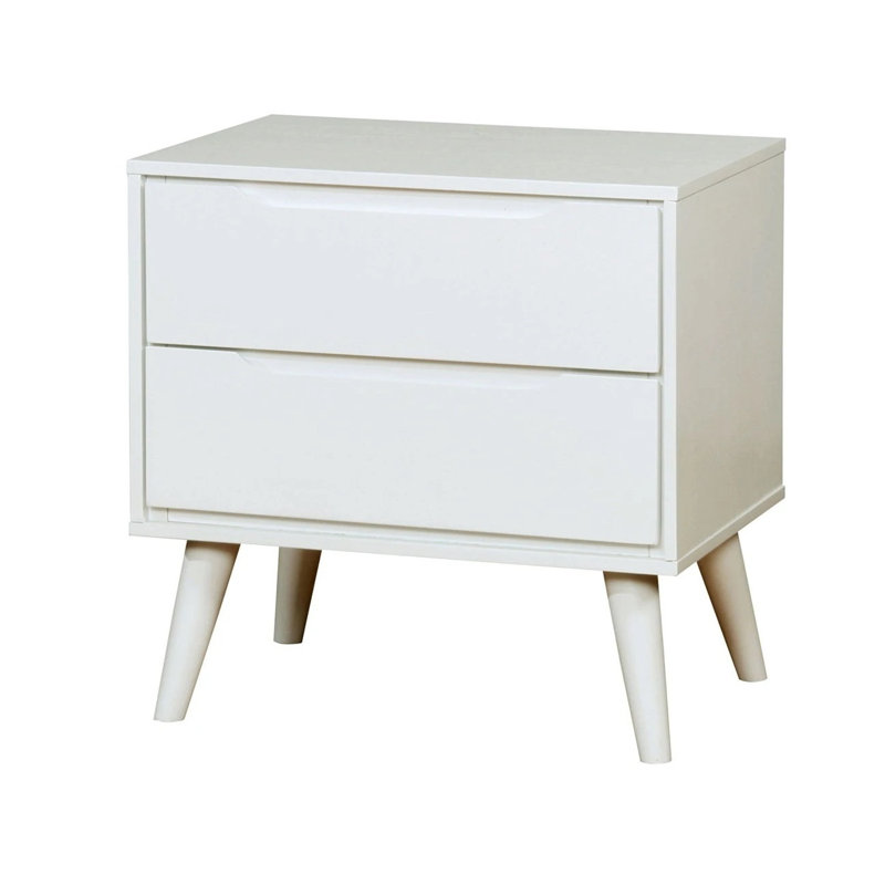 Table de chevet Mid-Century moderne en bois massif blanc avec 2 tiroirs et pieds fuselés