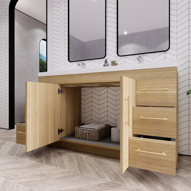Verda 59.05'' Double Bathroom Vanity with Acrylic Top, Champagne Oak