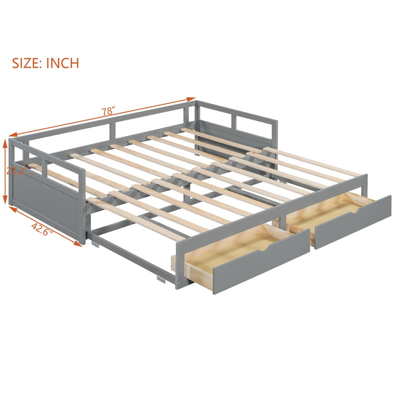Wooden Daybed with Trundle Bed and Two Storage Drawers , Extendable Bed Daybed,Sofa Bed for Bedroom Living Room, Gray