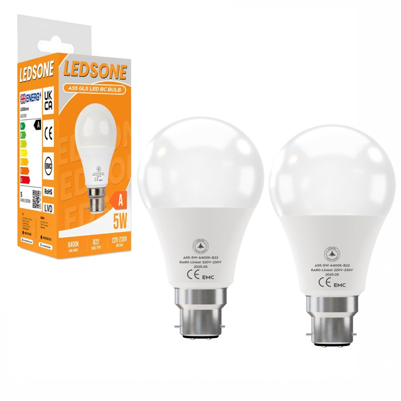 2 Pack Bayonet LED Light Bulbs, BC 5W(Equivalent to 49W) 6400K Cool White B22 LED Bulb 430lmn A55 Non-Dimmable, GLS Modern Golf Ball Energy Saving Light Bulbs
