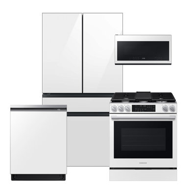 Samsung Bespoke White Glass Kitchen Package With 29 Cu. Ft. Smart BESPOKE 4-Door French-Door Refrigerator With Customizable Panel Colors And Beverage Center In White Glass