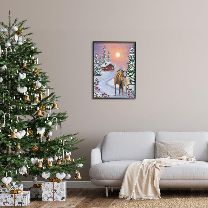 «Holiday Horses Winter Scene» encadré sur bois par Lemon & Sugar, peinture, H 30 po x l 24 po, Giclée encadrée noir minuit