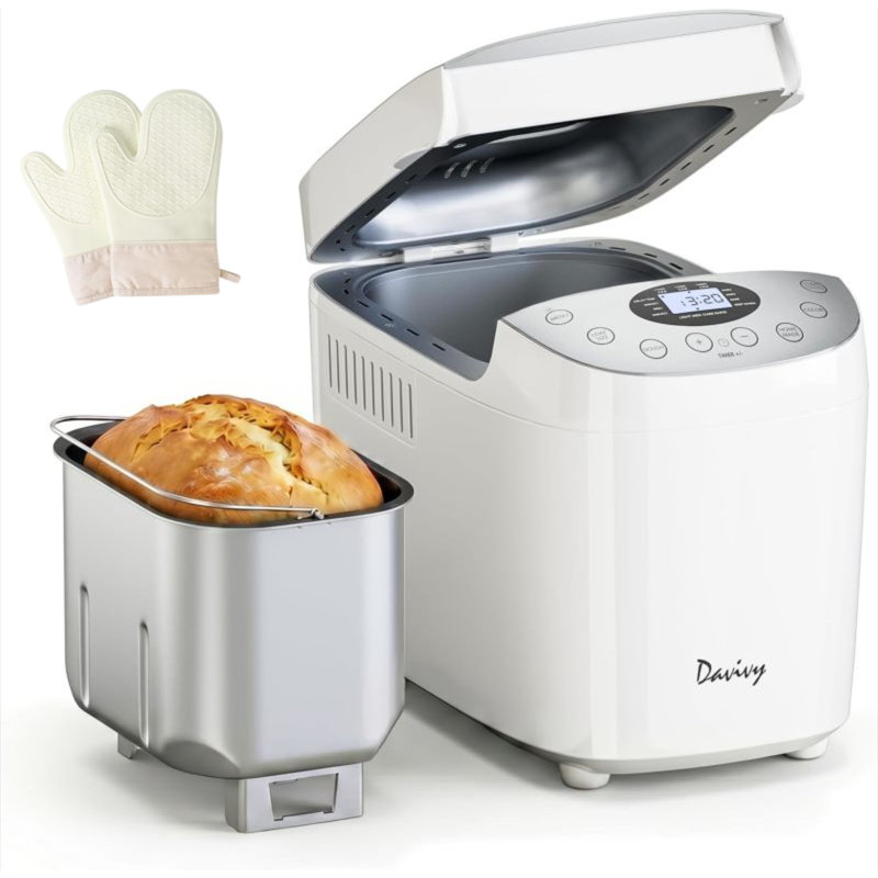Machine à pain Davivy 3,5 lb avec 15 programmes, 3 tailles de pain et 3 réglages de croûte, minuterie à retard de 15 heures, maintien au chaud de 1 heure et poêle antiadhésive