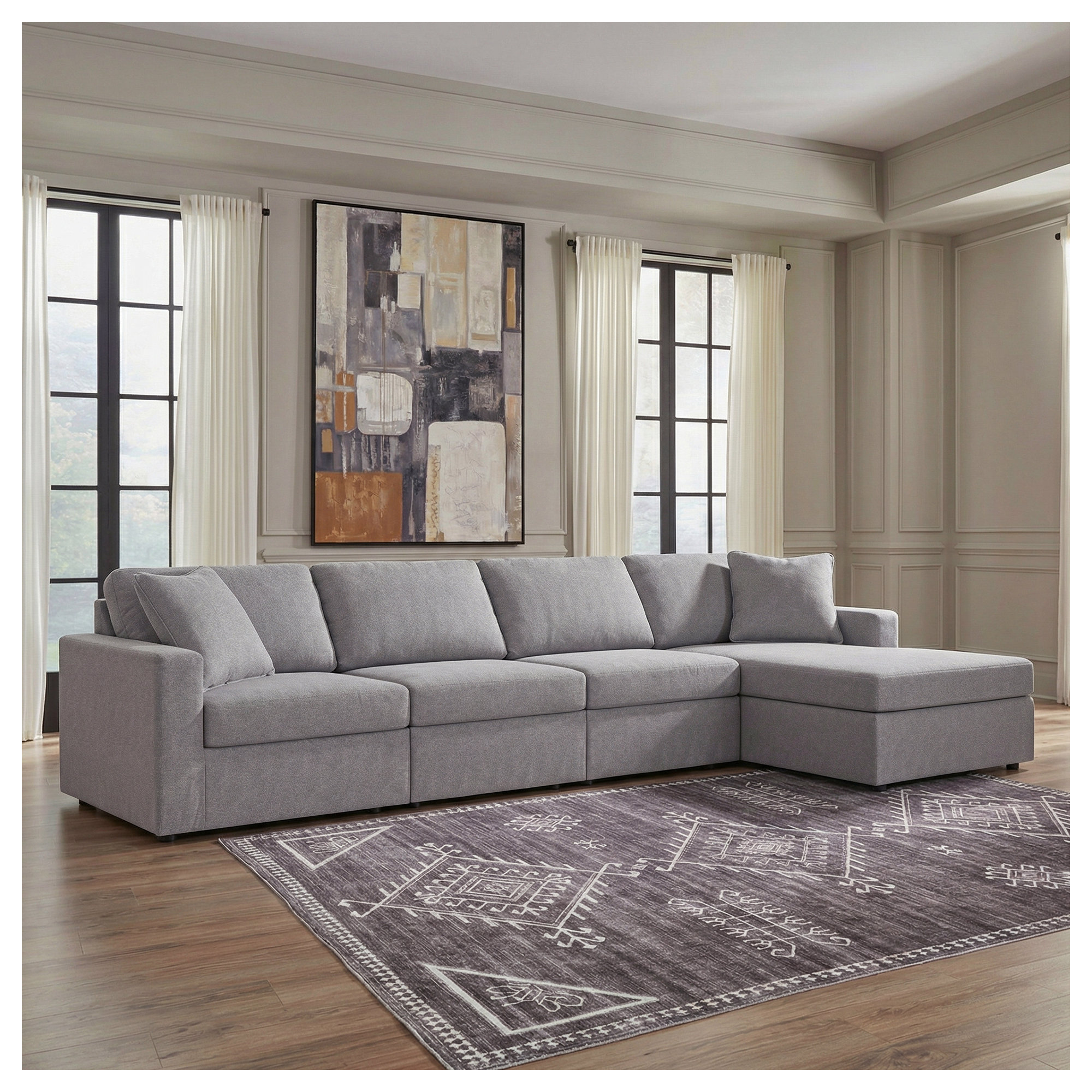 Bulwell Sectional With Chaise, Right Hand Facing, Gray Polyester, 36" H x 140" W x 68"D