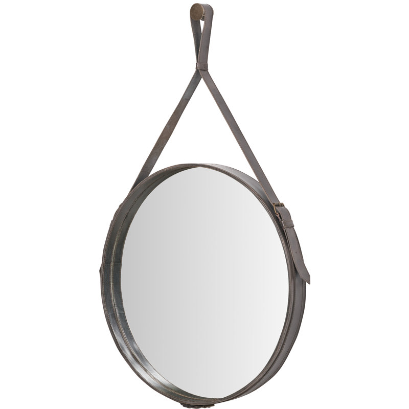 Leather Round Wall Mirror, Brown/Green/Grey