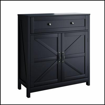 Farmhouse Storage Cabinet with Drawer and Adjustable Shelf, White Kitchen Cabinet with Walnut Countertop, Modern Coffee Bar Console for Multiple Rooms