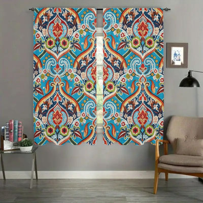 2Pcs Bohemian Floral Print Curtains, Colorful Vintage Patterned  Light Filtering Rod Pocket Window Drapes For living bedroom Kitchen, Decorative Treatments, Home Decor