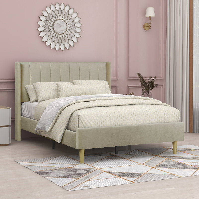 Lit plateforme tapissier avec tête de lit à oreilles Eriksay, Lin beige foncé, Double