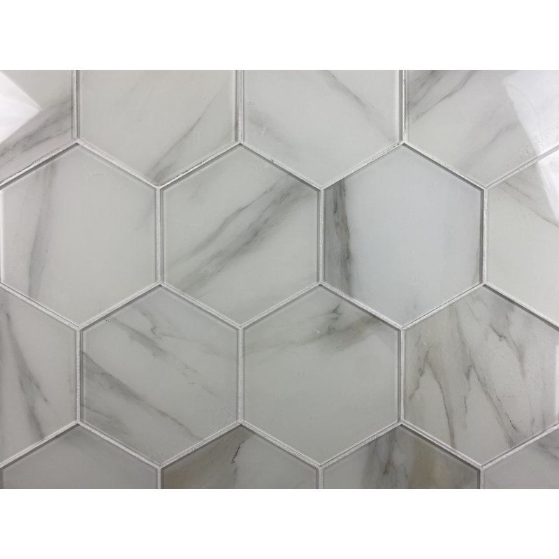 Nature 8 in. x 8 in. Marble Look Glass Straight Edge Large Format Hexagon Decorative Kitchen & Bathroom Wall Tile