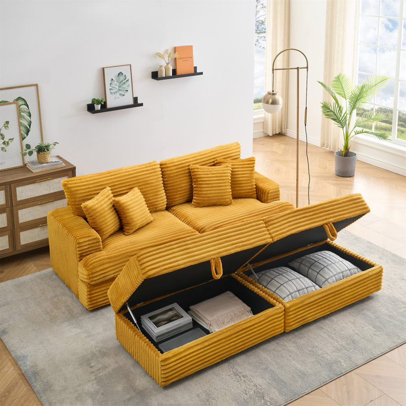 88.58 Inch Orange Corduroy Sofa With Double Storage Legs + Four Pillows