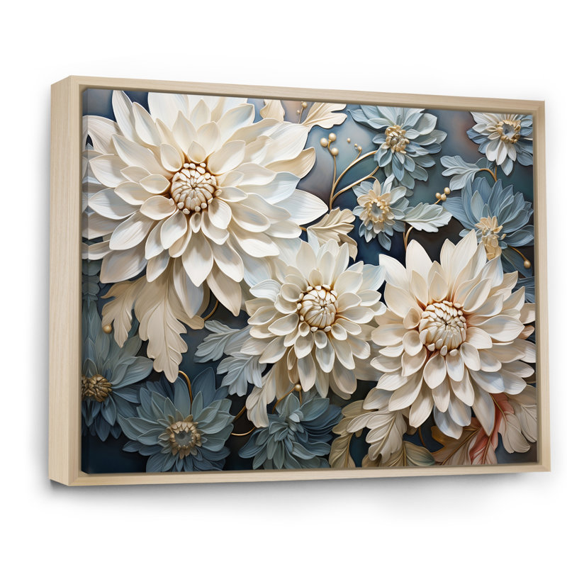 «Chrysanthemums White Blue Mosaic Garden IV - Chrysanthemums», art mural sur toile, H 34 po x l 44 po, Cadre naturel flottant