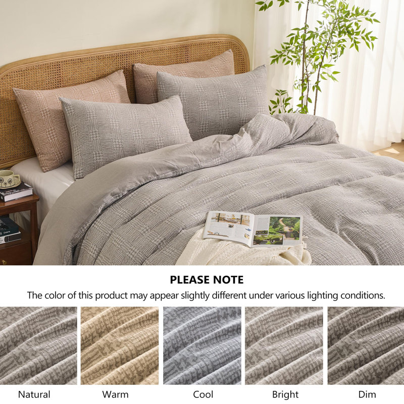 100% Cotton Yarn-Dyed Jacquard Duvet Floral Duvet Cover Set, Queen Duvet Cover + 2 Standard Pillowcases, Gray Geometric Check