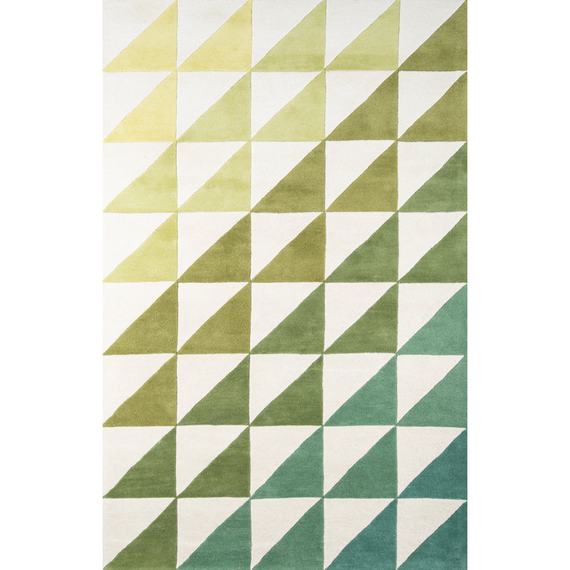 Tapis vert / ivoire en laine touffeté à la main à motif géométrique Glory, Rectangle 3 pi 6 po x 5 pi 6 po