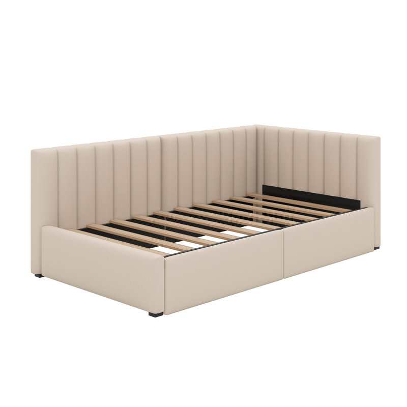 Twin Size Upholstered Daybed With 2 Storage Drawers, Beige