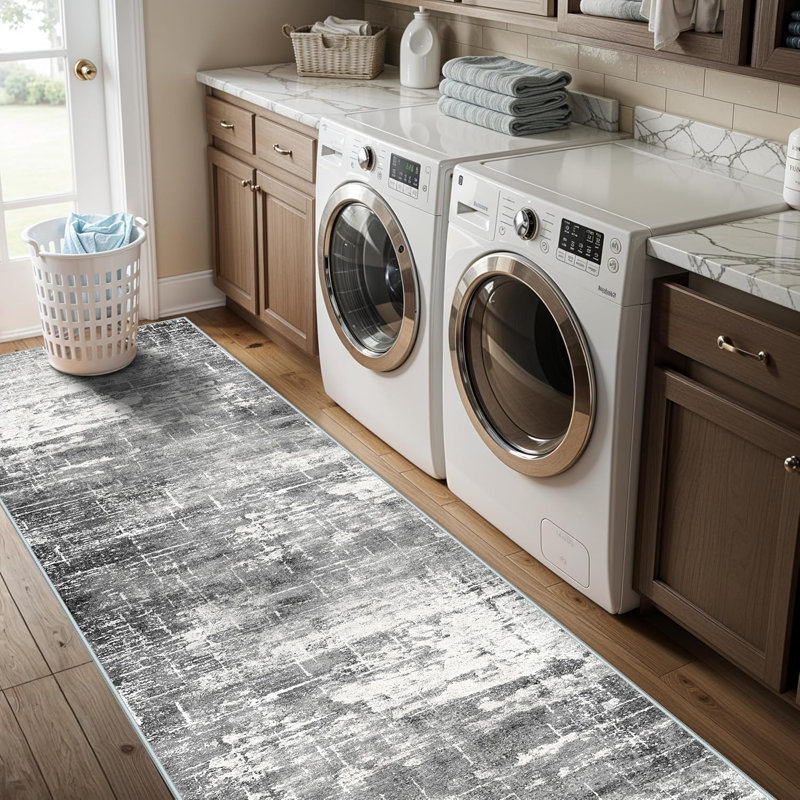 Washable Kitchen Runner Rug Non-Slip, Black/Grey, 2' x 8'