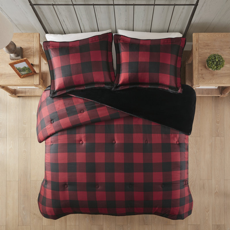 Full Red Buffalo Check Faux Fur Comforter Set