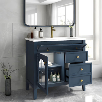 Meuble-lavabo 36 po avec lavabo en céramique, rangement et bande lumineuse activée par le mouvement