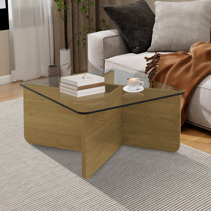 Square Coffee Table With Tempered Glass Top, Natural