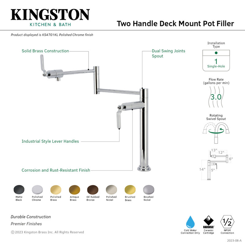 Kingston Brass Whitaker Two-Handle 1-Hole Deck Mount Pot Filler Faucet, Polished Nickel