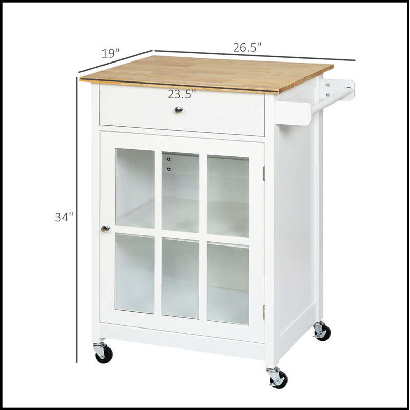 Chariot d'îlot de cuisine 27 pouces avec tiroir, armoire de porte en verre et tablette réglable pour un rangement amélioré