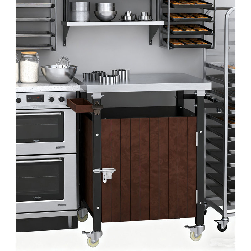 Chariot de barbecue extérieur en acier inoxydable avec rangement, îlot de cuisine de patio roulant avec roues, crochets et support à épices - Chariot de service imperméable avec conception mobile