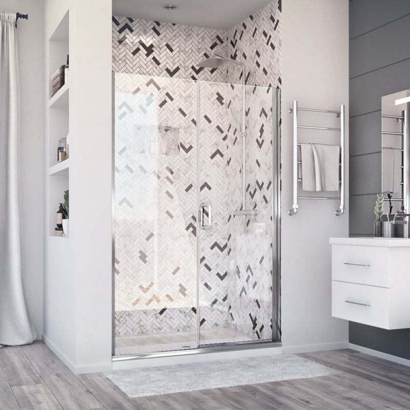 Porte de douche à charnière semi-sans cadre de luxe avec panneau transparent en chrome et verre transparent l 43 po x H 71,375 po Deluxe