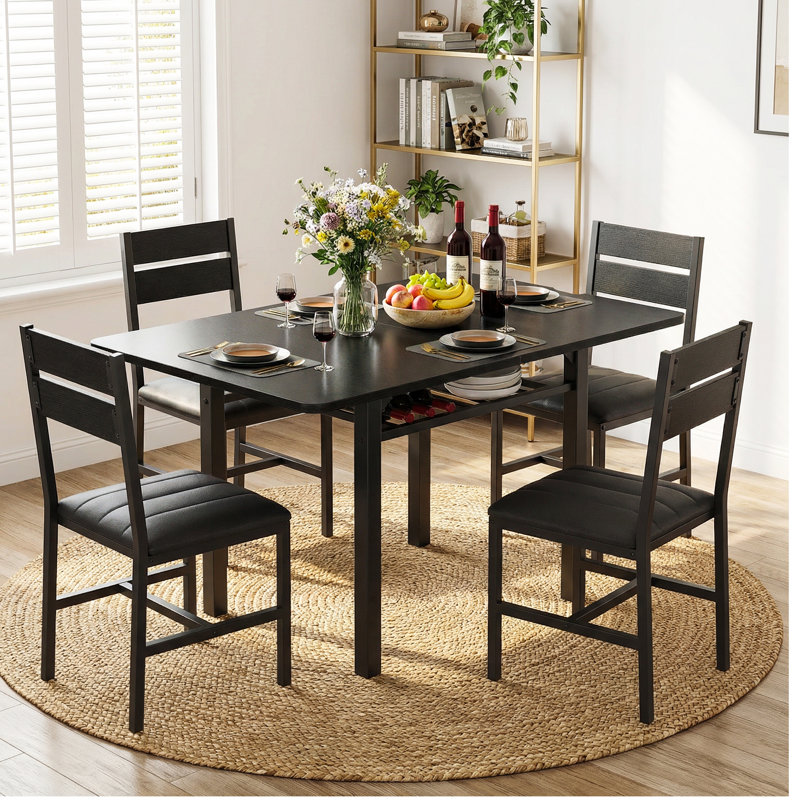 5-Piece Extendable Dining Table Set with Storage Shelf, Foldable Table & 4 PU Leather Chairs, Black