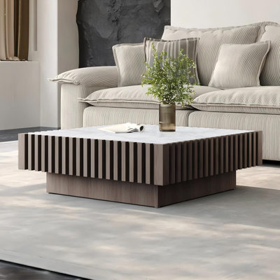 34'' Square Coffee Table, Central Table with 1 Drawer and Vertical Wood Strip Decoration, No Assembly Needed