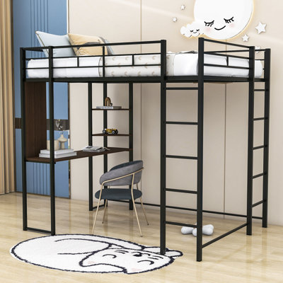 Lit mezzanine double en métal avec tablettes et bureau Mora