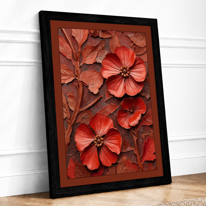 Terracotta Floral Relief Botanical - Framed Print, A3 - 42.0 x 29.7 cm, Black