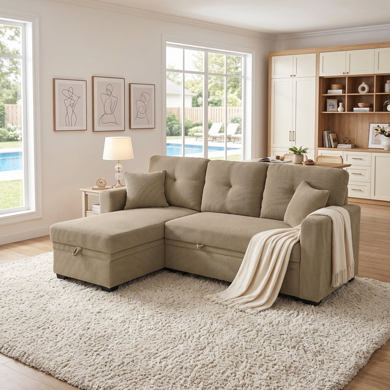 Canapé modulaire 71 po avec lit escamotable en forme de L 71 po et méridienne réversible avec rangement, Chameau