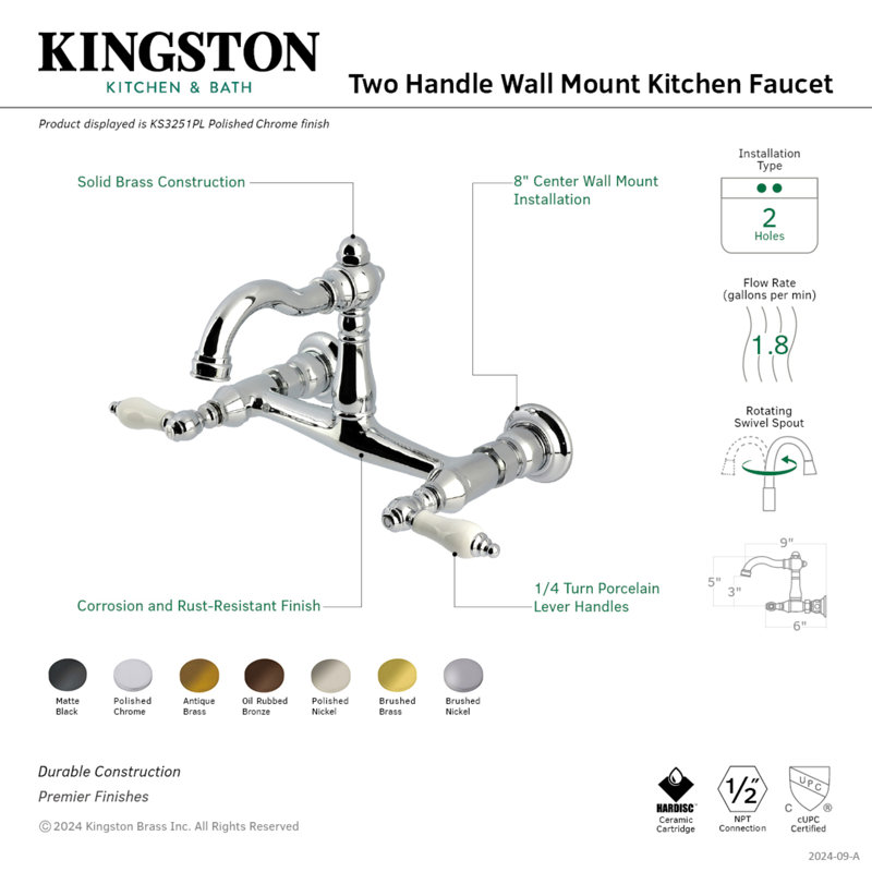 Kingston Brass Vintage Double-Handle 2-Hole Wall-Mount Bridge Kitchen Faucet, Matte Black