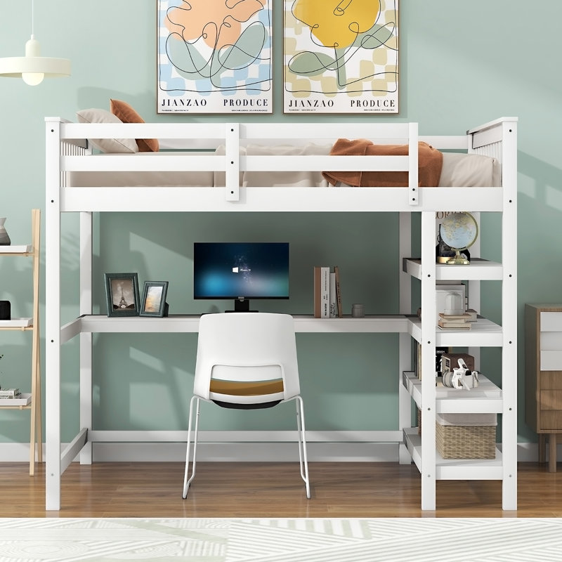 Lit mezzanine double avec tablettes de rangement et bureau sous le lit, Blanc