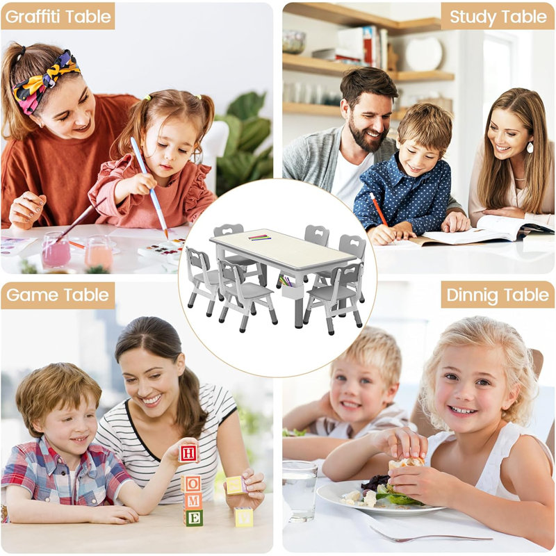 Ensemble de table et 6 chaises pour enfants, ensemble de table et de chaises pour tout-petits à hauteur réglable, Gris
