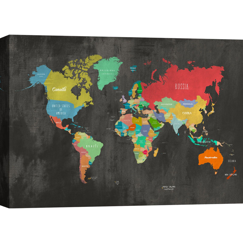 Modern Map Of The World (Chalkboard) by Joannoo - Wrapped Canvas Art Prints, 50cm H x 70cm W x 4cm D