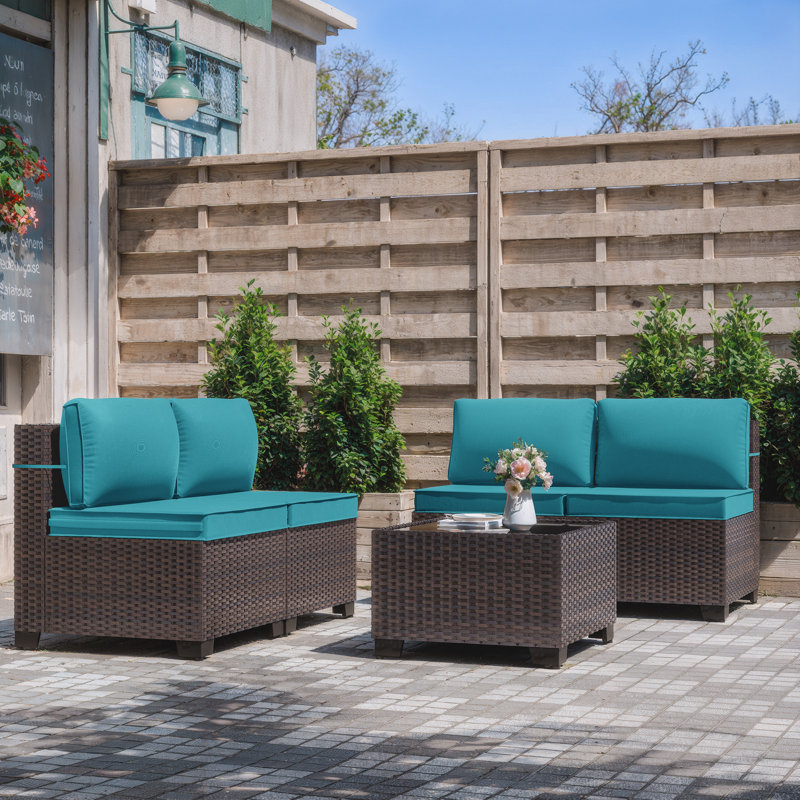 Wicker 4-Person Patio Conversation Sets With Cushions And Coffee Table, Green