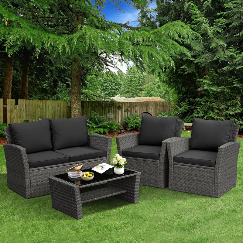 Wood 4 - Person Patio Conversation Set with Cushions, Black