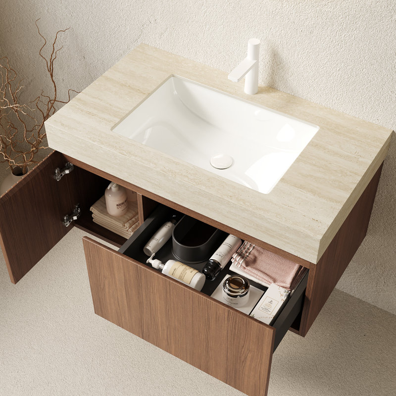 Armoire de rangement flottante en chêne brun 36 pouces avec plateau en pierre frittée Roma Travertine, Chêne brun, L 36 po
