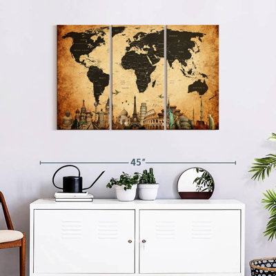 " Vintage Landmarks World Map " by Tess P 3 - Pieces