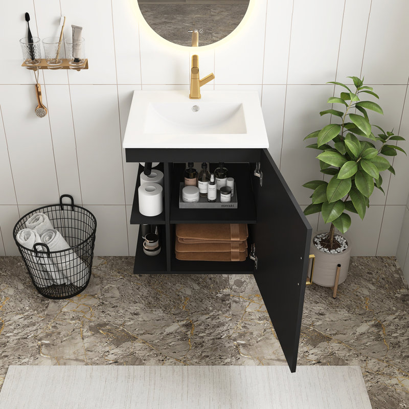 Meuble-lavabo mural noir de 20 po avec armoire latérale, porte à fermeture en douceur, meuble-lavabo moderne avec lavabo en céramique
