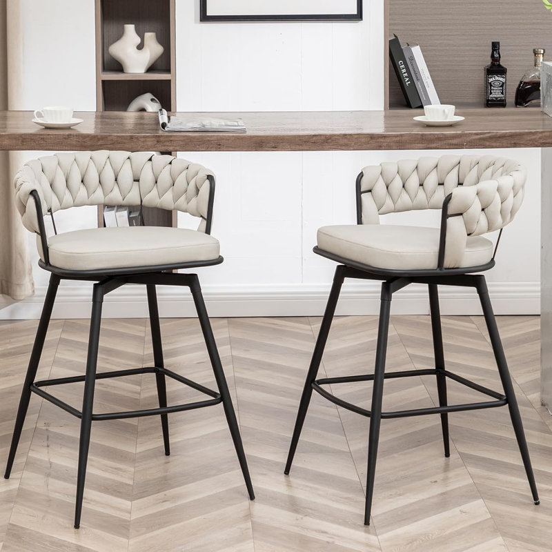 Counter Height Bar Stools Set of 2, 26 inch Modern Bar Chairs with Woven Back, 360° Swivel Bar Stools for Kitchen Island, Cafe, Pub