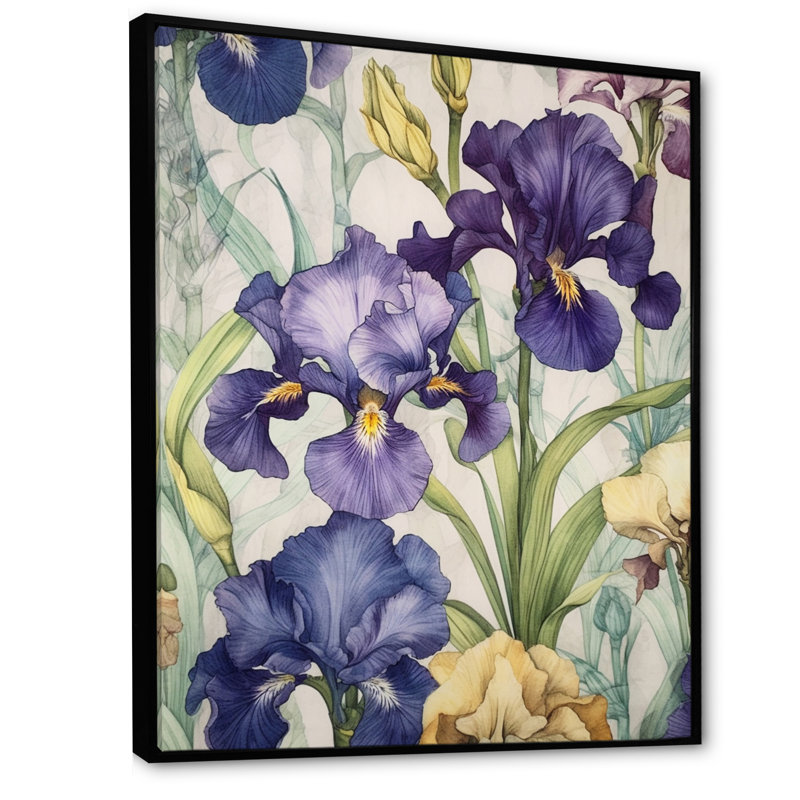 Impression mauve et verte de l'iris II sur toile, Cadre flottant noir, H 44 po x l 34 po x P 1,5 po