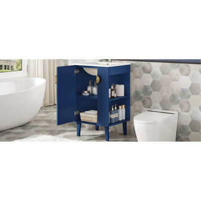 Meuble-lavabo de 20 po de style français, bleu, avec lavabo intégré et concept épuré
