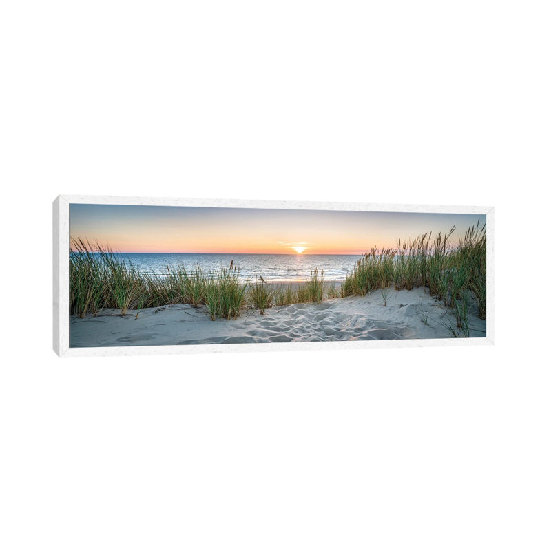 Dune Beach Panorama At Sunset, North Sea Coast, Germany by Jan Becke - Panoramic Print on Canvas, White Floater Framed