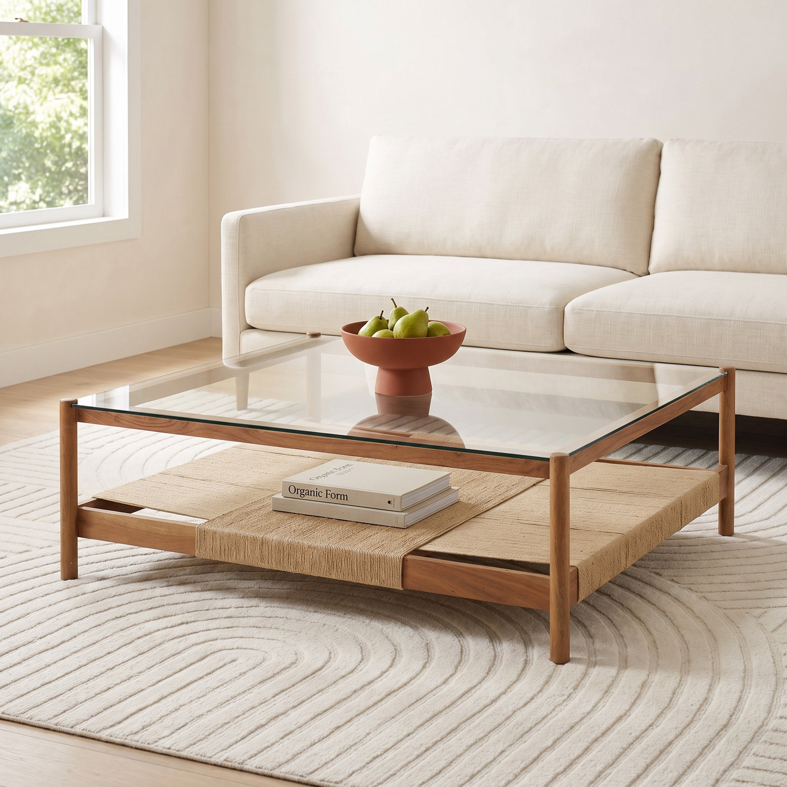 47" Glass Acacia Coffee Table