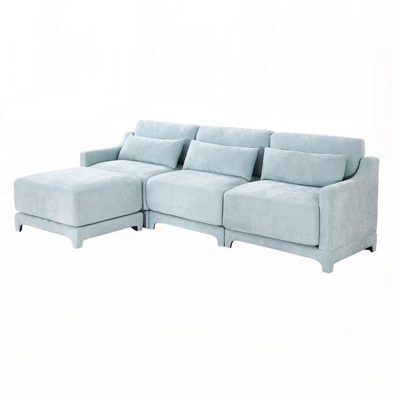 Élégant canapé rembourré en chenille avec capitonnage sur mesure et deux repose-pieds amovibles, Chenille bleu ciel