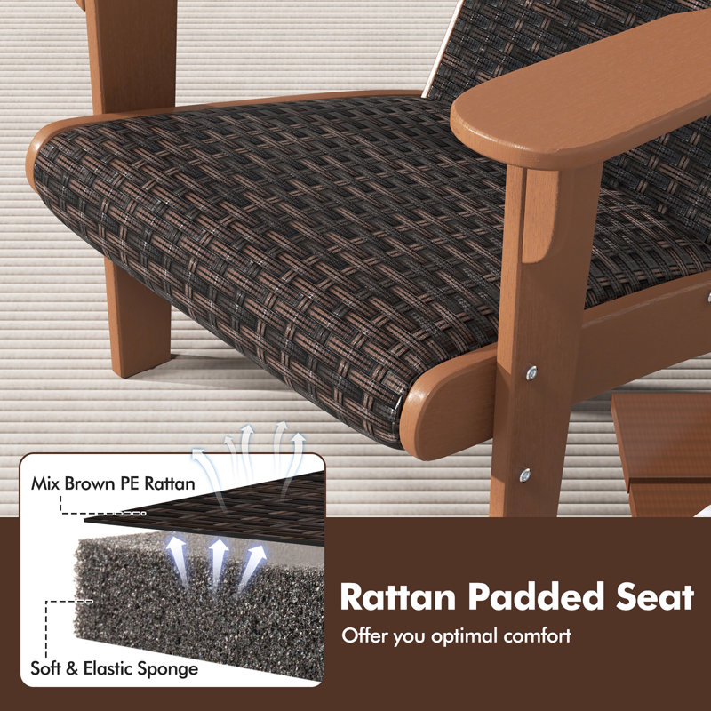 Set of 4 Adirondack Chair w/ Rattan Padded Seat & Back Wide Hidden Cupholder Patio, Brown