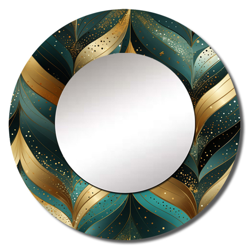 Or et vert doré rêverie chevron - miroir en marbre, miroir mural décoratif rond moderne, impression d'art en métal